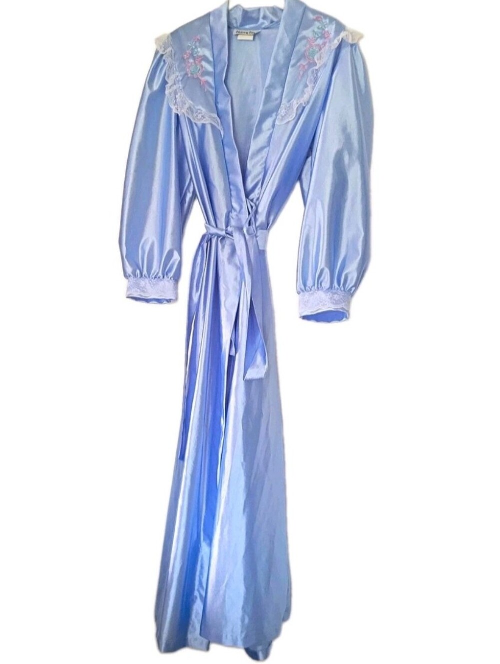 Vintage Helen of Troy ice blue robe floral lace long sleeves tie waist glam SZ L